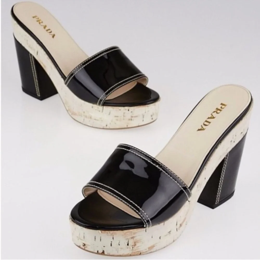 Prada Block Heels Black Patent Leather Cork Platform Slides Size EU 39.5 US 9.5